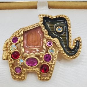 Vintage Enamel and Rinestones Gold Tone Elephant Brooch Pin Multi color
